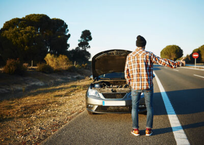 Cars - driver trying stop car in travel because his car broken.